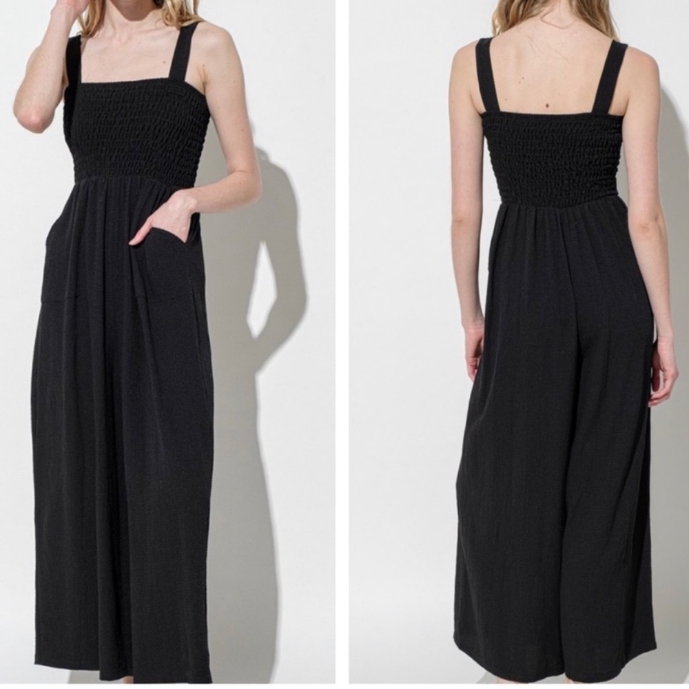Smocked Straight Neck Wide Leg Jumpsuit